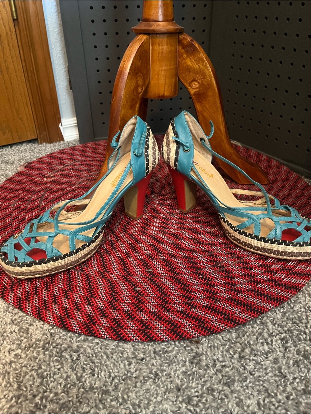 Farylrobin Teal Strappy Wedge Sandals with Red Block Heel